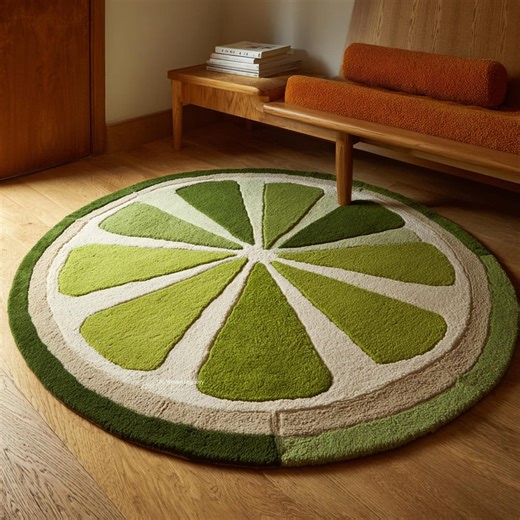 Lime Slice Round Rug | Citrus Inspired Green Wool Rug | Hand Tufted Fruit Design Circle Area Rug