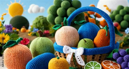 Photorealistic of crocheted fruits and vegetables. Crocheted items are: melon, peach, nectarine, lime, orange, and grape
