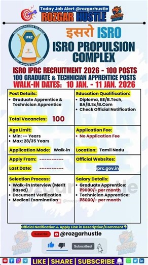ISRO IPRC Apprentice Recruitment 2026 – Walk-in 100 Posts #shorts #ISRO #psujobs #govtjobs #jobalert