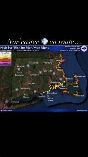 Nor’easter barreling toward Cape Cod, just in time for the long Columbus Day Weekend 😡 Nantucket Harbor: Minor flooding possible Monday PM. Edgartown: Minor flooding possible Monday PM. Vineyard Haven, Woods Hole, Buzzards Bay sites: Elevated water levels; nuisance splashover possible around high tide. Provincetown, Dennis/Sesuit, Sandwich, Chatham (east & south coasts): Elevated tides and surf; minor flooding risk increases with the Monday tides, especially where onshore (E/ENE) wind piles wat