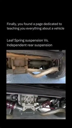 Explaining a car on Instagram: "The difference between leaf spring suspension and independent rear suspension (IRS) comes down to how each wheel handles bumps and movement. ⚙️🚗 Leaf suspension uses long, stacked metal strips that flex together — simple, strong, and great for carrying heavy loads, which is why it’s common in trucks. But when one wheel hits a bump, the whole axle moves, affecting both sides. 🛻💪 Independent rear suspension, on the other hand, lets each wheel move separately. It 