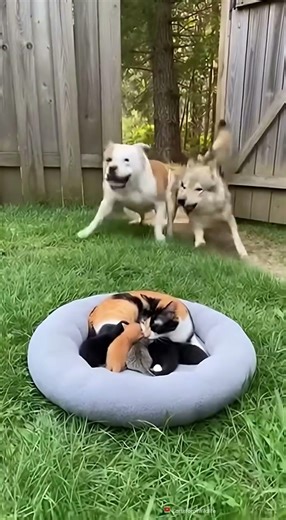 Calico Zen Amid Chaos — Calm Cat Watches Dogs Play #Shorts 🐱🌲✨