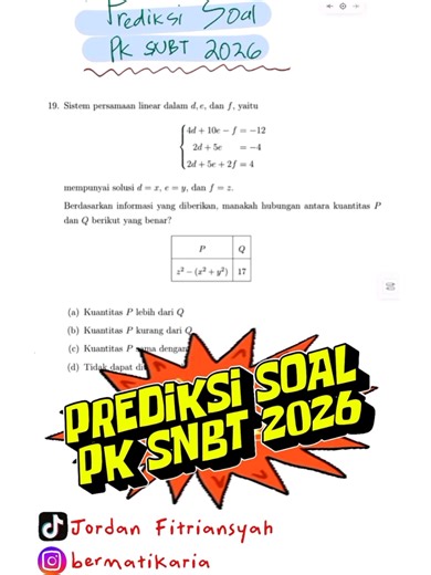 SOAL PENGETAHUAN KUANTITATIF SNBT TAHUN 2026 MATERI PERSAMAAN LINIER #pengetahuankuantitatif #snbt #snbt2026 #utbk #utbk2026