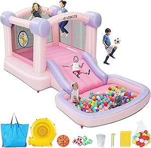 Bounce House,Inflatable Bounce House for Kids with Blower Included,Pink Jump House Kids Bouncy House for Backyard,Jumping Castle with Ball Pool,Jumping Area (Pink Macaron Bounce House)