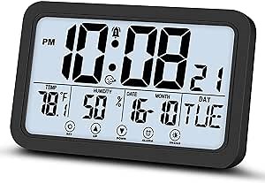 Digital Clock, Digital Wall Clock Battery Operated, Clocks with Large Display, Alarm Clock with Backlight, Desk Clock with Temperature Humidity Day Date for Bedroom Living Room Office (Black)