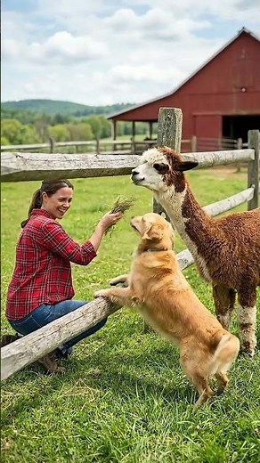 Farm Friends: Golden Retriever, Alpaca & Their Human's Sweet Moment