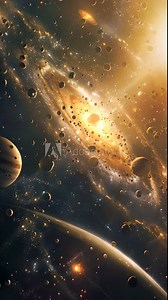 A cosmic dance of planets and asteroids, brilliantly choreographed by the universe, depicted with swirling dust and luminous celestial bodies. Vertical video