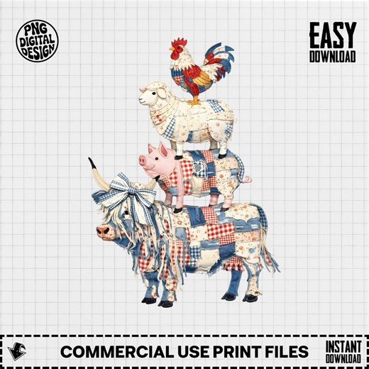 Farm Animal Stack PNG Digital Design, Patchwork Highland Cow, Rooster, Sheep, Pig Clipart, Rustic Farmhouse Sublimation Art - Etsy