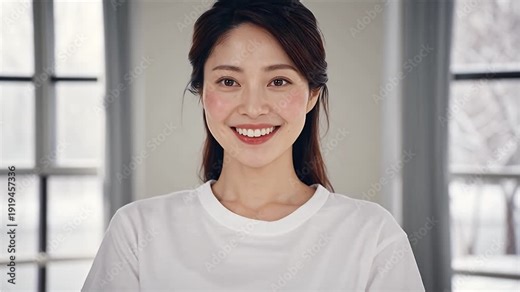 A young beautiful Asian woman looks up and shares a radiant smile with perfect white teeth in a bright indoor setting
