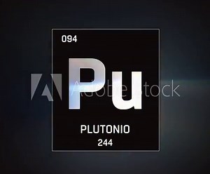 Plutonium as Element 94 of the Periodic Table. Seamlessly looping 3D animation on grey illuminated atom design background with orbiting electrons. Name, atomic weight, element number in Spanish langua