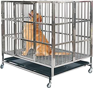 Heavy Duty Stainless Steel Metal Dog Cage Kennel Crate and Playpen for Training Large Dog Indoor Outdoor with Door & Locks Design Included Lockable Wheels Removable Tray