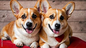 Two playful corgis cuddling on a red pillow, showcasing companionship and joy in a warm, indoor setting