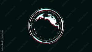 Abstract Earth Icon With Digital Glitch Effects/ 4k animation of a hi-tech design background with flat earth planet icon rotating with hud infographics and glitch and twitch textures effects