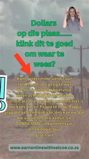 Kom ons praat gou, jy en ek… want ek weet hierdie een gaan in jou hart tref. Jy weet, ek sien soveel van ons mense—boere, H2A-gesinne, pensionarisse, mense wat voel hulle moet elke maand ’n plan maak. En ek sien die bekommernis… daardie kyk wat sê: “Wat nou? Hoe gaan ons vorentoe kom?” Nou luister mooi… want ek wil jou iemand voorstel: Yolanda—’n boervrou wat tussen die skape, kinders en die chaos van die plaas ’n manier ontdek het om dollar-inkomste te bou. Sy het begin net soos ek, net soos jy