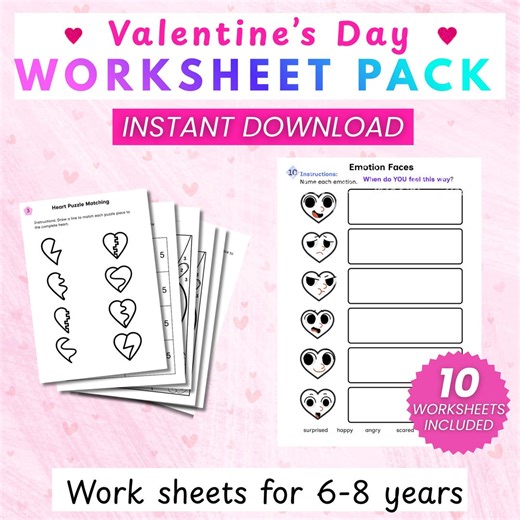 Valentine's Day Worksheet Pack – Literacy & Math for Ages 6-8 (PDF Download - Etsy
