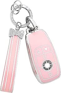 PIFOOG Key Fob Cover for Mercedes Benz Pink Bling Keychain Accessories 4 Button Car Keys Case Shell Protector for Mercedes - Benz AMG GLC GLE GLA GLB C300 GLS CLA CLS S G A E Class Girly Women TPU