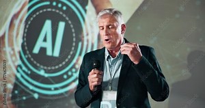 Ceo, speech and presentation of man at conference for AI, seminar or workshop. Summit, talking or professional at event for training, coaching or mature programmer with mic in auditorium for business