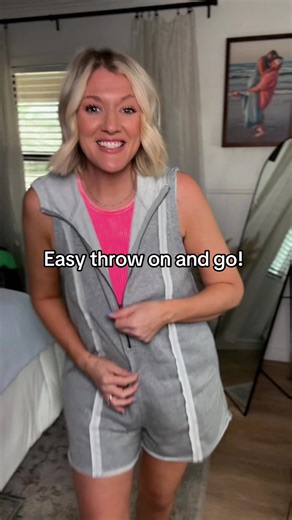 Throw on & go in this 1/4 zip hooded romper 🖤 The ultimate easy outfit! Lightweight, comfy, and perfect for everyday wear, running errands, travel, or throwing on over your swimsuit. Effortless style with a sporty vibe — you’ll reach for this all spring and summer! #momoutfit #romper #casualstyle #comfystyle #ootd