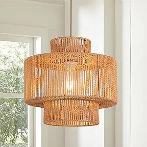 Rattan Pendant Light Fixture Boho Hanging Light Woven Rattan Ceiling Light Adjustable Basket Light Fixture for Kitchen Island Hallway Bedroom Dinning Table Nursery Light