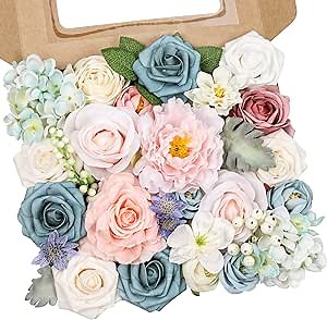 AmyHomie Blue Pink Artificial Flowers Combo Silk Mix Peony Rose Hydrangea Daisy Fake Flowers w/Stem for DIY Wedding Bouquets Centerpieces Arrangements Table Decor Party Bridal Baby Shower Home Decor