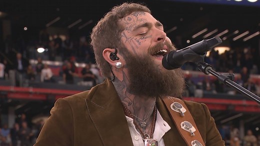 64K views · 3.2K reactions | Post Malone performs 'America the Beautiful' just before the Kansas City Chiefs face off against the San Francisco 49ers. | Entertainment Tonight | Facebook