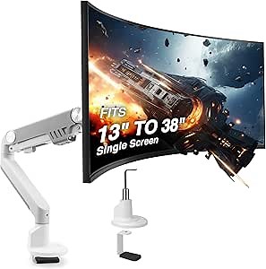 AVLT Single 13"-38" Monitor Arm Desk Mount fits One Flat/Curved/Ultrawide Screen Full Motion Height Swivel Tilt Rotation Adjustable Arm - VESA/C-Clamp/Cable Management - White