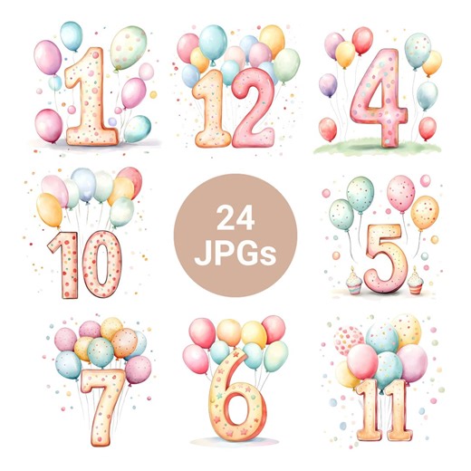 Birthday Numbers Clipart | Watercolor Printable Numbers 1-12, Birthday Party Jpgs, Digital Download (commercial License) - Etsy