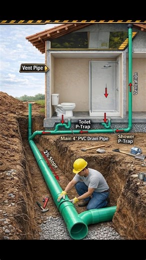The 2% Drainage Rule - Myth busted: More slope ≠ better drainage. Too steep → water outruns solids, leaving blockages. Too flat → stagnation. - Golden slope: 2% gradient (2 cm drop per 1 m pipe) ensures balanced flow and solid transport. - Hydraulic sweet spot: Maintains constant velocity, preventing buildup and ensuring smooth discharge to municipal grid. - P-Trap siphons: Installed before connection → double protection against odors and rodents. - Precision in trenches: Poor leveling today = c