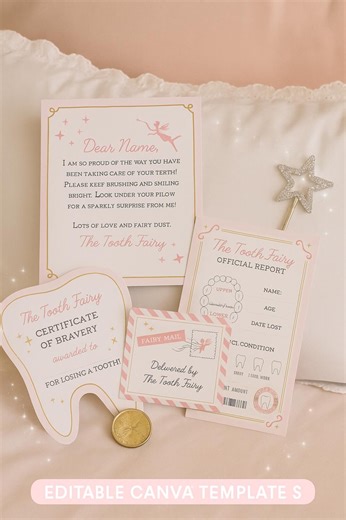 Editable Tooth Fairy Letter, Receipt Envelope Certificate Bundle | Printable Fairy Mail Kit for Kids | Tooth Fairy Canva Printables Template - Etsy