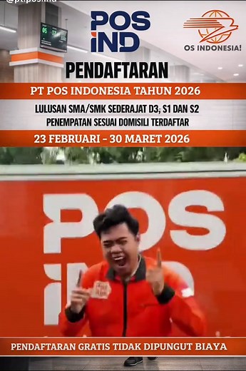 🔥 Pendaftaran Kerja di PT Pos Indonesia 2026 Dibuka! Kesempatan emas buat kamu lulusan SMA/SMK, D3, S1 sampai S2! Pendaftaran GRATIS tanpa biaya dan penempatan sesuai domisili terdaftar. Jangan sampai ketinggalan, daftar sekarang dan mulai karier bareng BUMN terpercaya di Indonesia! 🚀📮 #LowonganKerja2026 #PTPosIndonesia #LokerBUMN #InfoLokerIndonesia