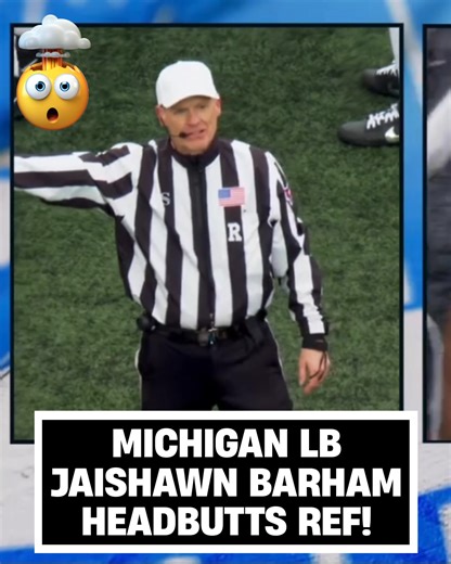 MICHIGAN PLAYER HEADBUTTS REFEREE #Michigan LB Jaishawn Barham headbutts a referee in today's rivalry game against Ohio State but only received a 15 yard penalty for unsportsmanlike conduct. Bold strategy.... SHOULD HE HAVE BEEN EJECTED?? 🎥: College Football on FOX | Sportsnaut