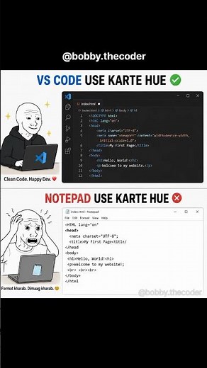 VS Code 😎 vs Notepad 💀 | Every Beginner Can Relate 😂 #coding #programming developer #bobbythecoder