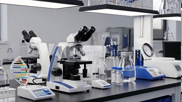 Modern forensic laboratory with microscopes, DNA model, test tubes and analysis equipment, crime investigation scene for police forensic research and criminal case studies.