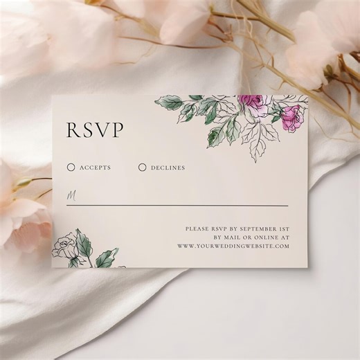 Vintage Floral Wedding RSVP Card Template, Purple Flowers Line Drawing Response Card (instant Download) - Etsy