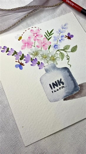 Florals in ink bottle painted using watercolors alone. Easy to paint watercolor tutorial #paintingtutorials #fyp #watercolorpainting #watercolorillustration #floralpainting