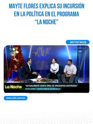 La candidata a primera concejal Mayte Flores, por el partido Santa Cruz Para Todos (SPT), visitó el programa “La Noche”, donde explicó a la población las circunstancias que marcaron su incursión en la política y su decisión de postular a un cargo electivo. Durante la entrevista, Flores compartió aspectos de su trayectoria personal y profesional, además de exponer las motivaciones que la impulsaron a participar en la vida política, destacando su compromiso con la ciudadanía y su intención de apor