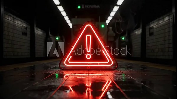 Neon warning triangle glows on floor. Red sign shows exclamation and hazard alert. Wet tile reflects bright neon light. Dark industrial corridor frames danger and caution. Emergency symbol at center.