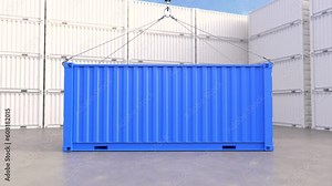 Blue container cargo container hanging on a crane hook, delivery service concept, freight transportation logistics