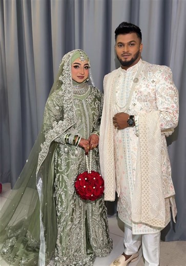 SHARIZAN X LIYA Liya wearing a customade farshi in muted sage green colour. The farshi fully drenched in modern aariwork that is simply just elegant and modern . The look completed with 3 metre veil also bordered with aariwok. While sharizan wearing semi custom sherwani embroided with pastel colour works and beaded with the same muted sage green colour. Wear Exclusive, Wear Taaj Mastani MUA : @Azzy Syazlieyn 𐙚˙⋆.˚ ᡣ𐭩 GS : @Farzree Ekebal #taajmastaniexclusive #bollywoodrental #bollywoodrentalp
