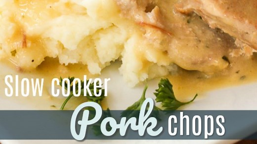 Easy Crock Pot Pork Chops have only 4 ingredients and hardly any prep time! The pork chops slow cook in a delicious creamy savory sauce that you will love! https://www.favfamilyrecipes.com/easy-crock-pot-pork-chops/ | Favorite Family Recipes