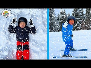 Ryan and his sisters Learn how to SKI  and play in the snow! - Videos For Kids
