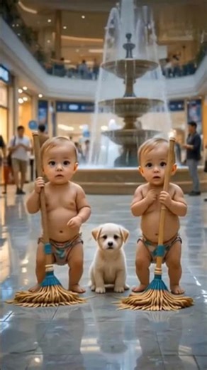 cute twins babies dance in cleaning mall with doggy 🐕🐶| adorable baby dancing shorts video #trending