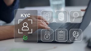 Interactive KYC compliance interface with the user. Business professional interacting with a Know Your Customer (KYC) compliance and security interface on digital screen. Identity verification, E KYC