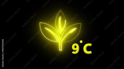 Protection of the environment Weather forecast related.Glowing neon digital temperature display showing minus 9°C onblack background, futuristic LED-style number,Researches minus 9degrees centigrade