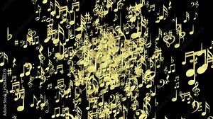 Floating golden music notes. Isolated exploding icons. Animation. Black background. 4k overlay. 59,94 fps