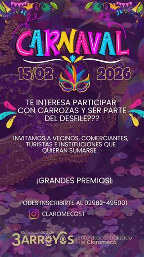 Radio Comunidad Claromecó on Instagram: "🎉 ¡Unite a nuestro Carnaval!🎉 ¡La convocatoria está abierta! Te invitamos a participar en nuestro desfile de carrozas el 15 de febrero. Este evento es una celebración abierta a todos: comerciantes, turistas, vecinos e instituciones. ¡Inscribite y sé parte de la diversión! Los participantes tendrán la oportunidad de competir por la mejor carroza. ¡Todos son bienvenidos! Vení y mostrá tu creatividad, alegría y espíritu festivo. ¡Hagamos de este carnaval 