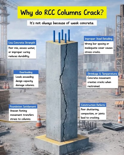 RCC column cracks are not always a sign of weak concrete. They are often a result of detailing errors, overloading, settlement, or poor construction practices. Understanding the real cause is the first step toward prevention. 📌 Save this post — it’s a must-know for every civil engineer. Follow DSE for practical site knowledge. #CivilEngineering #RCCStructure #StructuralEngineering #ConstructionBasics #civil #knowledge #architecture #construction #educacion #reelschallenge #Loading #reelsfyp #fb