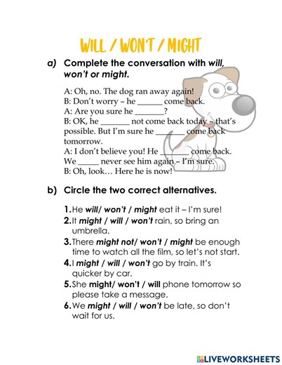 Will- won't- might worksheet