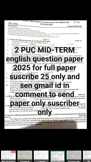 2 PUC english medium mid term question paper 2025