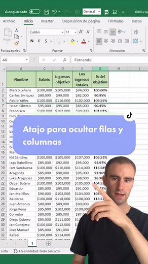 Atajo para ocultar filas y columnas en Excel